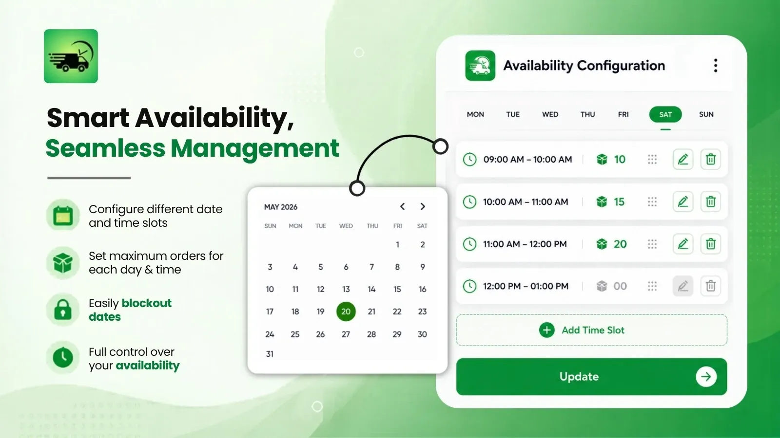 Kite availability configuration showing per-day time slots and order limits