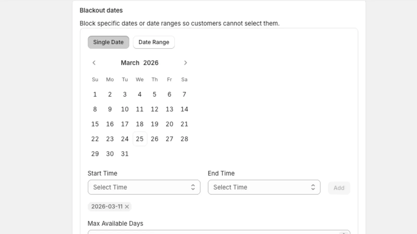 Blackout dates settings with a calendar for blocking single dates or date ranges