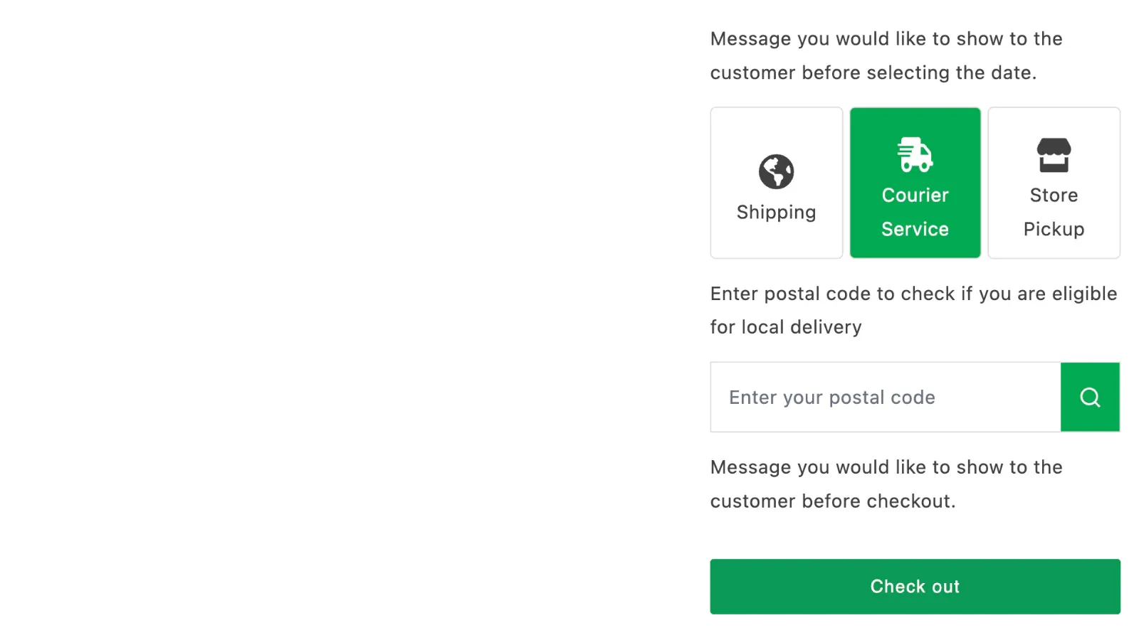Storefront widget letting a customer choose shipping, courier service, or store pickup and check postal code eligibility
