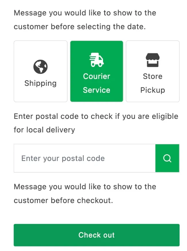 Storefront widget letting a customer choose shipping, courier service, or store pickup and check postal code eligibility