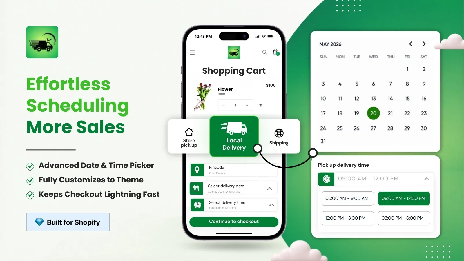 KiteLane's date and time picker on a Shopify cart page, showing a calendar and delivery time slots