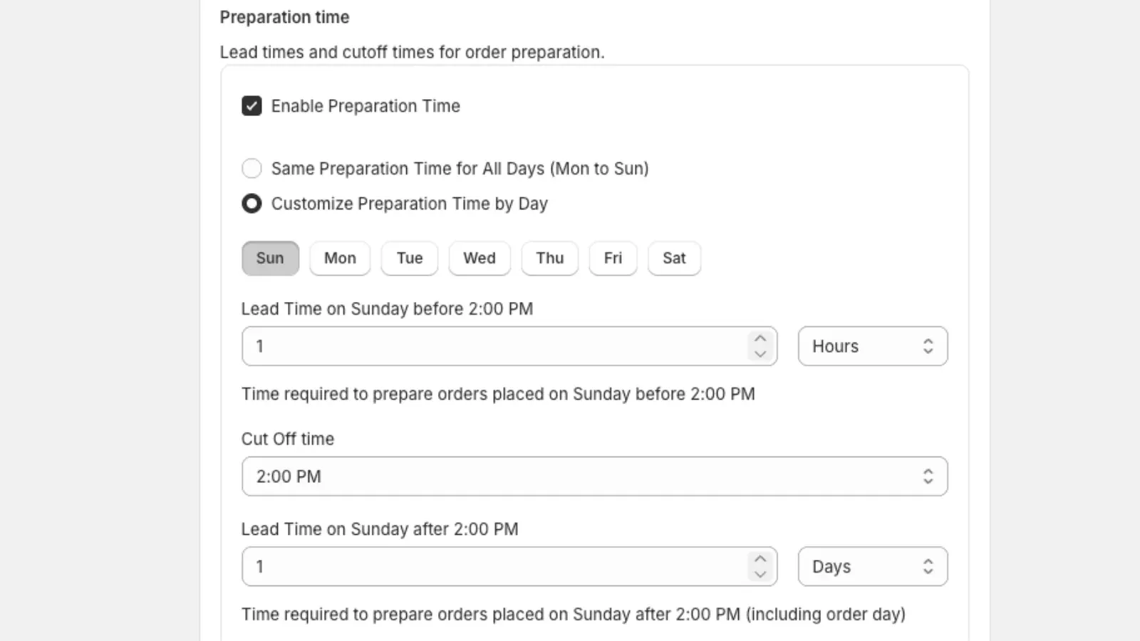 KiteLane preparation time and cut-off time settings, configurable per day of the week