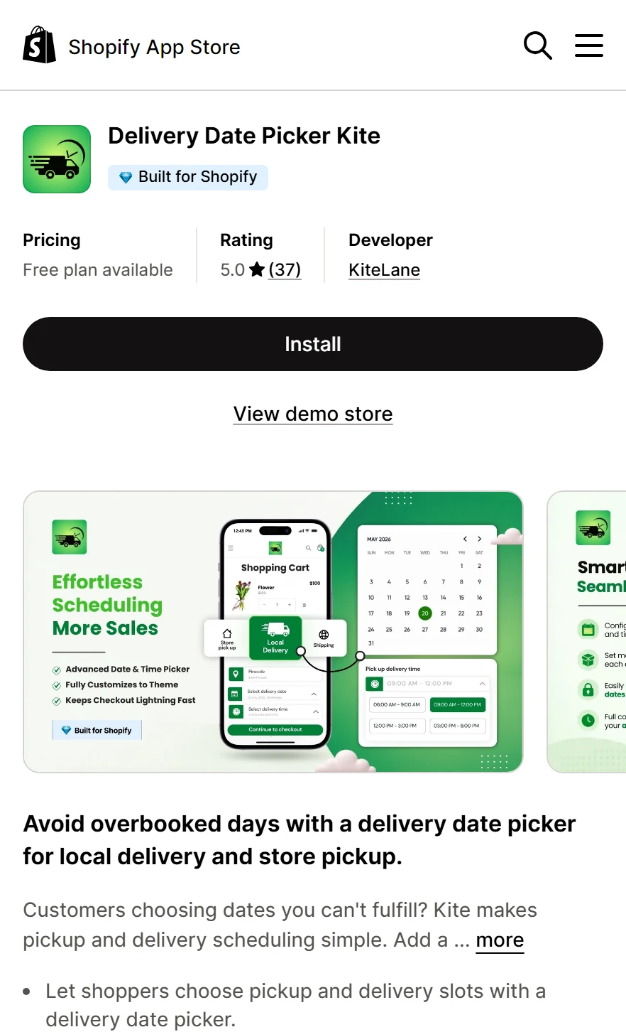 Kite's Shopify App Store listing showing the free plan, a 5.0 rating from 37 reviews, and the install button