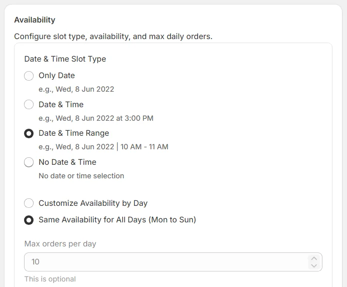 Kite availability settings with a date and time range slot type and a maximum of 10 orders per day