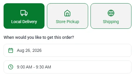 Kite's cart picker with Local Delivery selected, a delivery date and a 9:00 to 9:30 AM time slot
