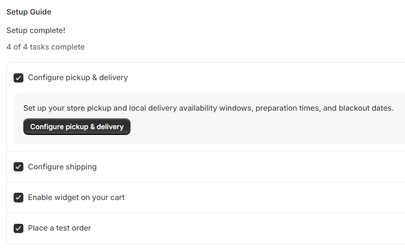 Kite's Setup Guide in the Shopify admin showing 4 of 4 tasks complete: configure pickup and delivery, configure shipping, enable widget on your cart, and place a test order