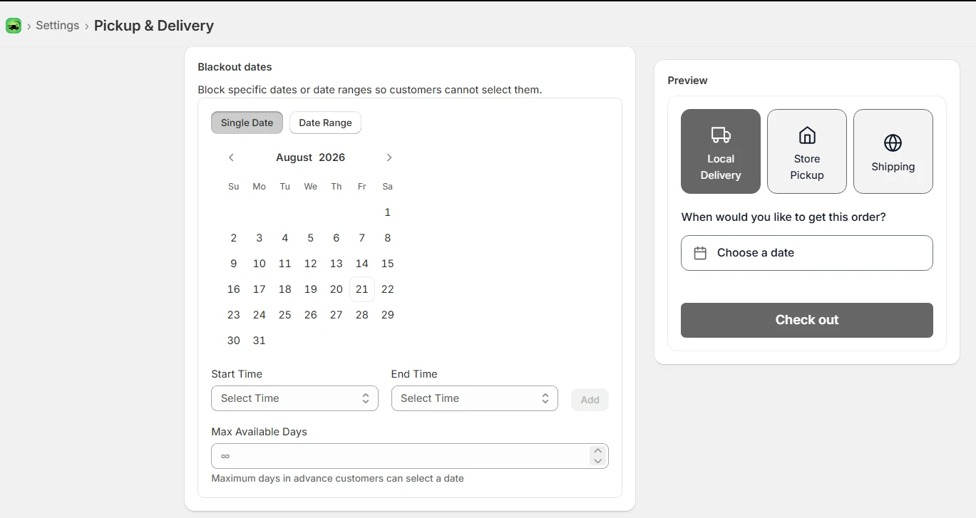 Kite's Blackout Dates settings card open under Settings, Pickup and Delivery, with a live customer preview panel on the right