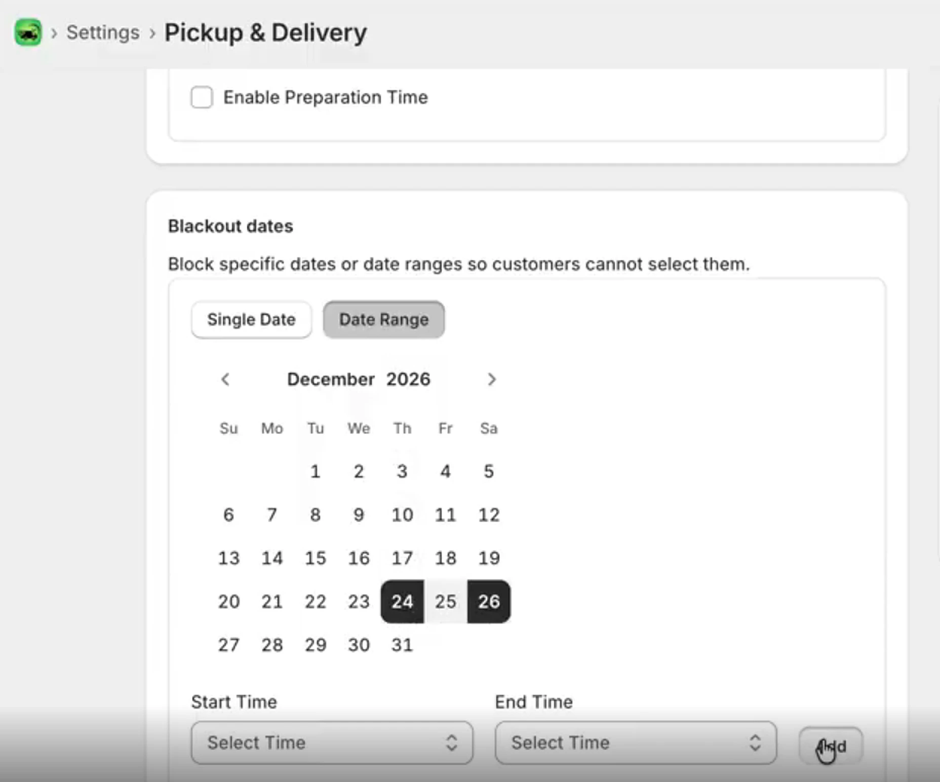Kite's Blackout Dates card in Date Range mode with December 24 to 26 selected as a blocked range
