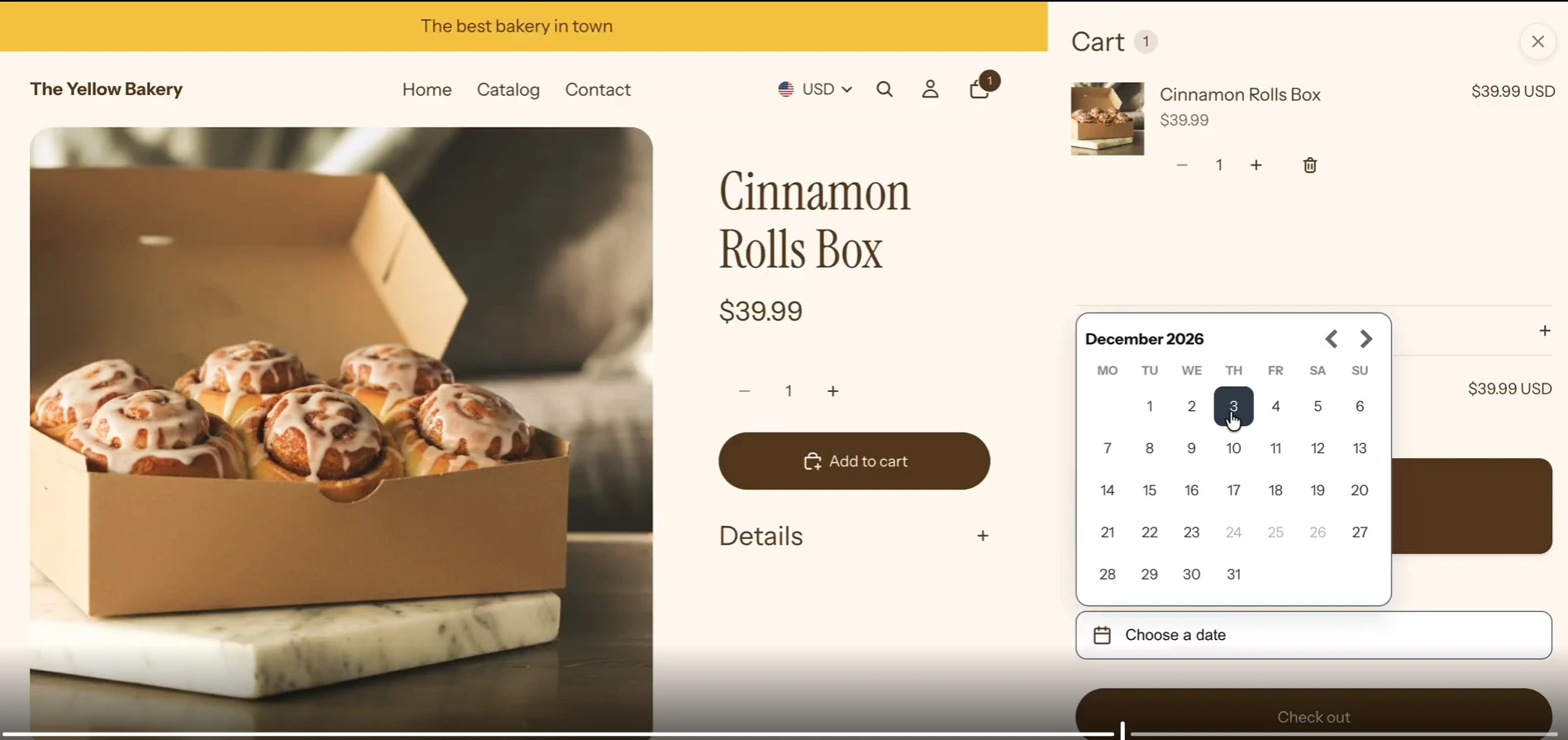A real Shopify storefront cart with a December 2026 calendar showing December 24, 25 and 26 greyed out and unselectable