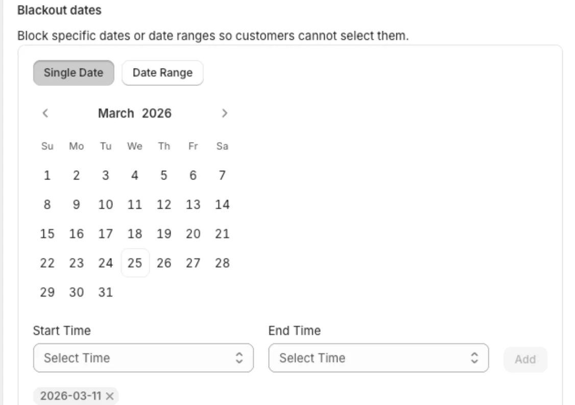 Blackout dates settings with a calendar for blocking single dates or date ranges