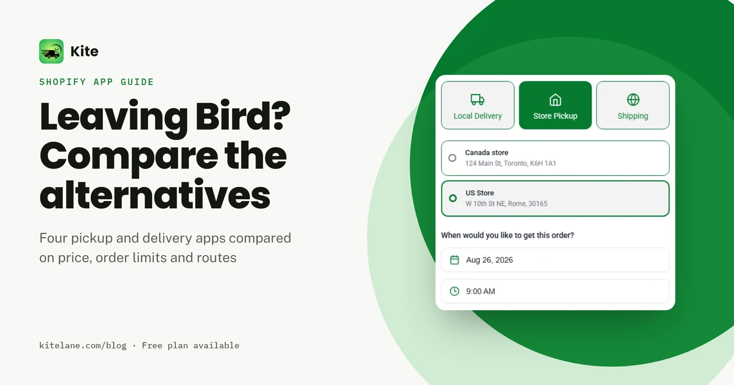 Kite's cart picker with Store Pickup, a pickup location, a date and a time selected, beside the words: Leaving Bird? Compare the alternatives