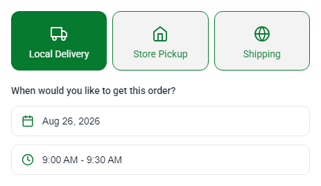 Storefront cart widget with Local Delivery selected beside Store Pickup and Shipping, and the chosen date Aug 26, 2026 with a 9:00 AM to 9:30 AM time slot