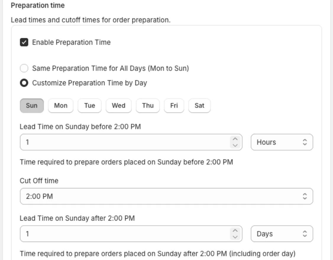 Kite preparation time and cut-off time settings, configurable per day of the week