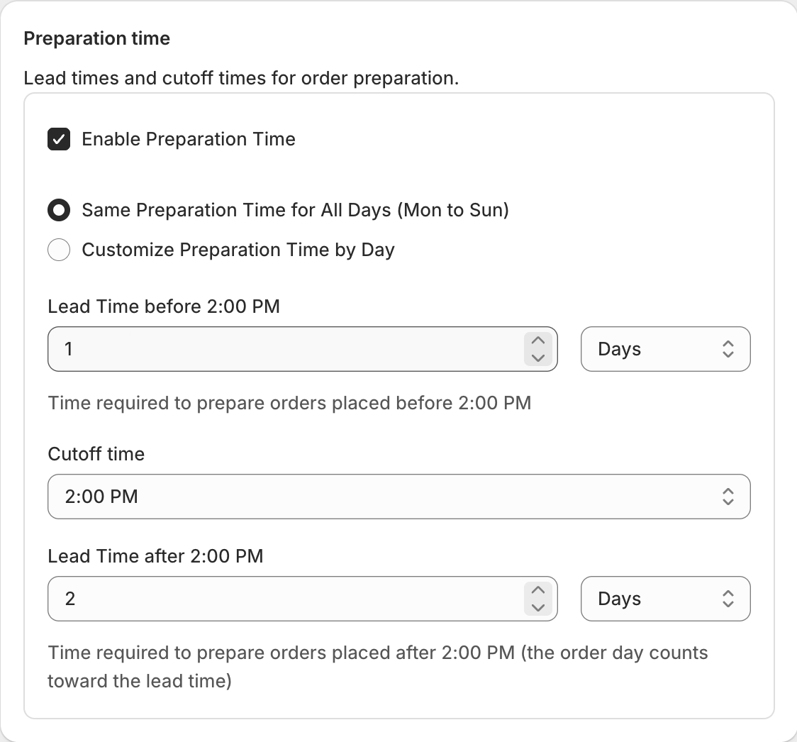 Kite's Preparation time settings: Enable Preparation Time ticked, Same Preparation Time for All Days, a lead time of 1 day before a 2:00 PM cutoff and 2 days after it