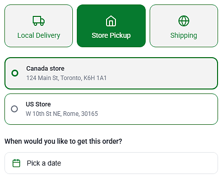 Kite's cart picker with Store Pickup selected and two pickup locations to choose from, Canada store and US Store, above a Pick a date field
