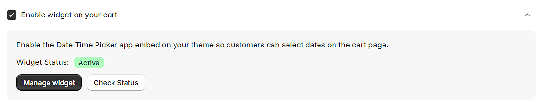 Kite setup guide step Enable widget on your cart, telling you to enable the Date Time Picker app embed on your theme, with Widget Status: Active