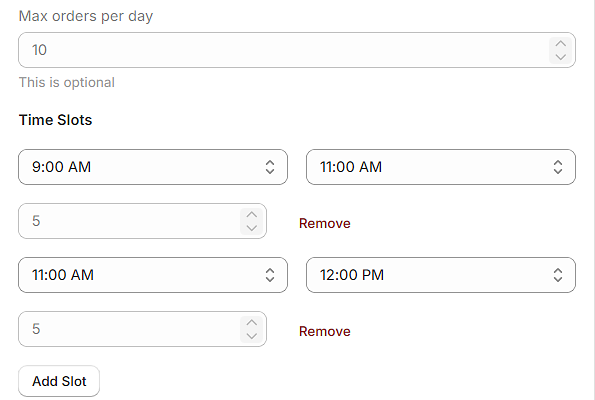 Kite availability settings with a Max orders per day field and an order limit under each time slot, 9:00 to 11:00 AM and 11:00 AM to 12:00 PM