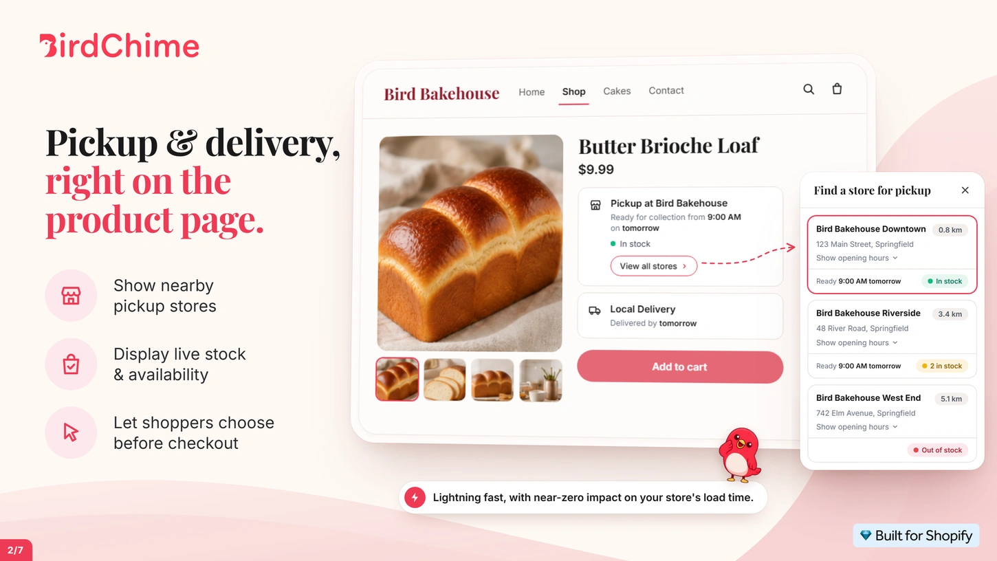 Bird's Shopify App Store gallery image: pickup and local delivery options on a product page